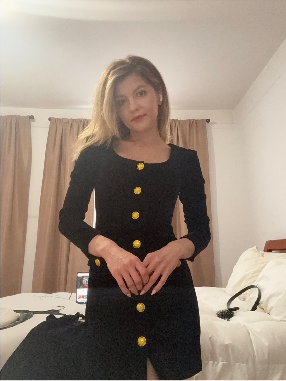 A.L.C. Black Velvet Long-Sleeve Dress with Gold Buttons